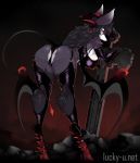  anthro black_body black_fur black_hair breasts butt canid clothing demon female fur hair horn looking_back luckypan mammal membrane_(anatomy) membranous_wings negligee nipple_outline rear_view solo text thong tombstone underwear url wings 