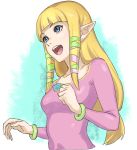  1girl :d bangs blonde_hair blue_eyes blunt_bangs bracelet breasts cropped_torso facing_away fingernails gem highres jewelry long_hair long_sleeves looking_away low-tied_long_hair open_mouth pointy_ears pretty-purin720 princess_zelda small_breasts smile solo teeth the_legend_of_zelda the_legend_of_zelda:_skyward_sword 