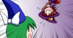  0_0 blue_headwear broom broom_riding cape chibi dress emphasis_lines flying_sweatdrops gradient gradient_background green_hair hat kirisame_marisa kirisame_marisa_(pc-98) mima motion_lines open_mouth pointy_ears purple_background purple_cape purple_dress purple_headwear rakugaki-biyori red_hair short_hair touhou touhou_(pc-98) upper_body upside-down white_background witch_hat wizard_hat 