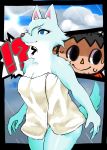  animal_crossing anthro blue_body blue_eyes blue_fur bodily_fluids breasts canid canine canis cleavage clothed clothing duo female female_focus fur human male mammal nintendo oasisu17 solo_focus sweat towel video_games villager_(animal_crossing) white_body white_fur whitney_(animal_crossing) wolf 