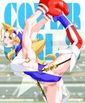  1girl arikawa armpits arms_behind_back arms_up ass bandana blonde_hair blue_bandana blue_eyes blue_footwear blue_leotard boxing_gloves breasts commentary_request covered_nipples cross-laced_footwear flexible garter_straps hair_intakes halterneck justice_gakuen large_breasts leg_up leotard long_hair looking_at_viewer o-ring open_mouth red_legwear shiritsu_justice_gakuen solo split standing standing_on_one_leg star_(symbol) stretch striped striped_legwear tiffany_lords vertical-striped_legwear vertical_stripes 