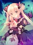  1girl bangs black_dress blonde_hair blush brown_eyes closed_mouth commentary_request double_bun dress eyebrows_visible_through_hair frilled_sleeves frills hair_between_eyes hair_ribbon indoors juliet_sleeves long_hair long_sleeves looking_at_viewer luna_(shadowverse) object_hug princess_connect! princess_connect!_re:dive puffy_sleeves red_ribbon ribbon shadowverse shirogane_hina sidelocks sleeves_past_wrists solo standing stuffed_animal stuffed_dog stuffed_toy translation_request twintails very_long_hair 