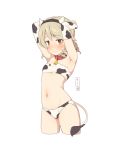  1girl animal_print armpits arms_behind_head arms_up bangs bare_shoulders bell bell_collar black_hairband blush brown_eyes brown_hair closed_mouth collar cow_horns cow_print cow_tail cropped_legs elbow_gloves eyebrows_visible_through_hair fake_horns gloves hairband horns idolmaster idolmaster_cinderella_girls long_hair looking_at_viewer morikubo_nono navel print_gloves red_collar ringlets simple_background smile solo sweat tail uccow white_background white_gloves 