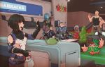  2girls 4boys :d armor aurora_(cynicalruins) bare_shoulders black_hair blonde_hair blue_hair blue_skin closed_eyes coke-bottle_glasses couch cup doug_barrett elbow_gloves elma_(xenoblade_x) facial_hair glasses gloves hair_ornament hairpin happy highres holding holding_cup indoors l&#039;cirufe lin_lee_koo multiple_boys multiple_girls mustache nagi_kentarou nopon open_mouth plant potted_plant sitting smile table tatsu_(xenoblade_x) tattoo teacup teapot vandham_(xenoblade_x) waving white_hair xenoblade_chronicles_(series) xenoblade_chronicles_x 