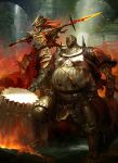  2boys armor breastplate commentary dark_souls dragon_slayer_ornstein embers executioner_smough faulds fire full_armor full_body gauntlets glowing glowing_eye glowing_weapon gold_armor greaves hammer helmet highres holding holding_hammer holding_head holding_spear holding_weapon huge_weapon kekai_kotaki knight looking_away male_focus multiple_boys pauldrons plume polearm severed_head shoulder_armor souls_(from_software) spear standing weapon 