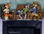  anthro black_nose brian_reynolds brown_body brown_fur canid canine clothed clothing dipstick_tail fox fur furniture grey_body grey_fur group male mammal multicolored_tail open_mouth orange_body orange_fur procyonid raccoon ringtail sofa television toonfx 