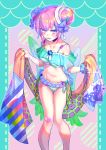  1girl angel_wings bandaid bangs bare_shoulders blush breasts colorful dadadada_tenshi dedeen double_bun highres holding holding_towel looking_at_viewer multicolored multicolored_background multicolored_hair open_mouth original purple_hair swimsuit towel wings 
