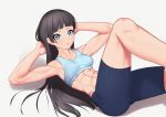  abs armpits arms_behind_head black_hair blue_eyes breasts collarbone commentary dumbbell_nan_kilo_moteru? exercise eyebrows_visible_through_hair hime_cut long_hair muscle muscular_female putchers souryuuin_akemi sports_bra white_background 