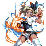  1girl aura bea_(pokemon) bodysuit breasts colorful dark_skin dedeen frown gloves grey_hair gym_leader hairband looking_at_viewer pokemon pokemon_(game) pokemon_swsh punching shorts single_glove small_breasts solo toned 