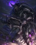  1boy armor bad_id bad_pixiv_id black_armor full_moon gauntlets glowing glowing_eyes greaves helmet highres holding holding_sword holding_weapon horned_helmet left-handed long_hair looking_at_viewer moon night original pauldrons ponytail purple_eyes purple_moon sheath sheathed shichigatsu shoulder_armor solo sword weapon 