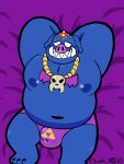  2020 anthro belly blue_body blush charmcharmcharm domestic_pig ganon lying male mammal moobs navel nintendo nipples overweight overweight_anthro overweight_male solo suid suina sus_(pig) the_legend_of_zelda video_games 