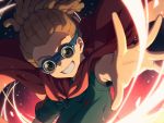  1boy :d brown_hair cape commentary_request goggles green_shirt grin hairlocs highres inazuma_eleven inazuma_eleven_(series) kidou_yuuto looking_at_viewer male_focus open_mouth outstretched_arm red_cape sayshownen shirt short_hair smile solo upper_body 
