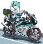  1girl aqua_eyes aqua_hair aqua_neckwear black_footwear black_gloves black_legwear black_skirt black_sleeves blouse book boots closed_mouth collared_blouse commentary_request detached_sleeves eyebrows_visible_through_hair gloves grey_blouse ground_vehicle hair_ornament hatsune_miku headphones highres holding holding_book honda honda_cb400 logo looking_at_viewer mikeran_(mikelan) miniskirt motor_vehicle motorcycle necktie on_motorcycle partial_commentary pleated_skirt road shadow skirt smile solo thighhighs twintails vocaloid white_background wing_collar 
