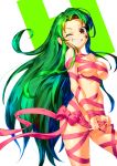  1girl bangs bare_shoulders biting blush bound bow breasts clenched_teeth collarbone colorful cowboy_shot dedeen eyebrows_visible_through_hair floating_hair green_eyes green_hair grin h highres long_hair looking_at_viewer medium_breasts multicolored multicolored_background naked_ribbon one_eye_closed pink_bow pink_ribbon ribbon ribbon_bondage shiny simple_background skindentation smile solo standing suzumiya_haruhi_no_yuuutsu teeth tied_up tsuruya underboob very_long_hair white_background 