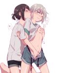  2girls absurdres alternate_hairstyle aoba_moca bang_dream! biting black_hair blush breast_grab breasts ear_biting fingering grabbing green_eyes grey_hair hand_in_panties highres kneeling mitake_ran mochikayu multiple_girls navel one_eye_closed open_clothes open_shorts panties red_eyes shirt_lift short_hair short_ponytail shorts sweat underwear white_background yuri 