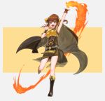  1girl arm_up breastplate brown_eyes brown_hair delthea_(fire_emblem) dress fang fire_emblem fire_emblem_echoes:_shadows_of_valentia full_body futabaaf highres long_hair open_mouth ponytail simple_background solo 
