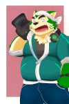  2020 2:3 absurd_res anthro belly black_nose bottomwear canid canine canis clothing domestic_dog fangs fur green_body green_fur hat_set headphones headphones_around_neck hi_res kemono live-a-hero male mammal mokdai overweight overweight_anthro overweight_male pants shirt solo topwear video_games 