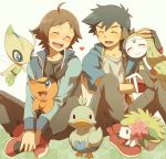  2boys ahoge ash_ketchum black_gloves black_hair blush brown_hair celebi closed_eyes commentary_request cyaneko ducklett fingerless_gloves gen_2_pokemon gen_4_pokemon gen_5_pokemon gloves hilbert_(pokemon) holding holding_pokemon jacket long_sleeves meloetta multiple_boys mythical_pokemon open_mouth pants pokemon pokemon_(anime) pokemon_(creature) pokemon_(game) pokemon_bw pokemon_bw_(anime) red_footwear shaymin shoes smile teeth tepig tongue 