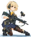  1girl ar-15 armband assault_rifle bangs black_footwear blonde_hair blouse blue_skirt boots bow bowtie brown_legwear bulletproof_vest closed_mouth collared_blouse commentary_request eyebrows_visible_through_hair gloves green_gloves gun handgun headphones highres holding holster long_sleeves looking_at_viewer magazine_(weapon) messy_hair mikeran_(mikelan) miniskirt one_knee orange_eyes original pleated_skirt rifle school_uniform shadow short_hair simple_background skirt sleeve_rolled_up smile solo thigh_holster thigh_pouch thigh_strap thighhighs trigger_discipline v-shaped_eyebrows weapon white_background white_blouse wing_collar yellow_neckwear 