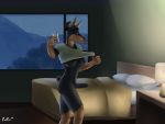  4:3 anthro bed bedroom bottomless canid canine canis cellphone clothed clothing crimsoncolored dobermann domestic_dog erection furniture genitals gynomorph hair hair_bun ines inside intersex mammal night nipples penis phone pinscher pulling_shirt selfie solo window 