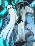  001_(darling_in_the_franxx) 1girl bangs barefoot blue_horns blue_nails blue_skin blunt_bangs breasts bright_pupils closed_mouth crossed_arms darling_in_the_franxx fingernails frown highres horns long_hair nail_polish pretty-purin720 silver_hair small_breasts tail tail_raised very_long_hair white_pupils 