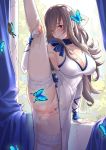  1girl azur_lane bangs bare_shoulders blush breasts bug butterfly cleavage cross cross_earrings cross_tattoo dress earrings elbow_gloves fingerless_gloves flexible gloves grey_hair has_bad_revision has_censored_revision insect jewelry large_breasts leg_lift leg_up long_hair looking_at_viewer mole mole_on_breast mole_under_eye no_panties pubic_tattoo pussy red_eyes saint-louis_(azur_lane) saint-louis_(brilliant_paladin)_(azur_lane) shiroi_ume sleeveless sleeveless_dress solo split standing standing_on_one_leg standing_split tattoo thighhighs thighs white_dress white_legwear 