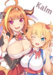  2girls ahoge akai_haato bangs blonde_hair blue_eyes blush breasts cleavage commentary_request dragon_girl dragon_horns dragon_tail eyebrows_visible_through_hair fang hair_ornament hair_ribbon heart heart_hair_ornament highres hololive horns kiryuu_coco large_breasts long_hair looking_at_viewer multicolored_hair multiple_girls one_eye_closed one_side_up open_mouth orange_hair purple_eyes red_ribbon red_skirt ribbon simple_background skin_fang skirt smile streaked_hair tail v virtual_youtuber white_background zeolch 