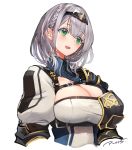  1girl armor artist_name blue_shirt blush braid breasts center_opening cleavage commentary eyebrows_visible_through_hair green_eyes hair_between_eyes highres hololive large_breasts mole mole_on_breast open_mouth pupps shirogane_noel shirt short_hair shoulder_armor signature silver_hair simple_background smile solo tiara two-tone_shirt upper_body virtual_youtuber white_background white_shirt wing_collar 