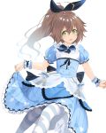  1girl alice_(wonderland) alice_(wonderland)_(cosplay) bow brown_hair cosplay eiyuu_densetsu green_eyes hair_bow hakuleg long_hair pantyhose ponytail sen_no_kiseki simple_background solo striped striped_legwear towa_herschel white_background wrist_cuffs 