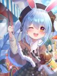  1girl :d animal_ear_fluff animal_ears blue_hair bow braid brown_skirt bunny_ears capelet carrot_hair_ornament churro cowboy_shot don-chan_(usada_pekora) eyebrows_visible_through_hair eyelashes food food_themed_hair_ornament fur-trimmed_jacket fur_trim hair_bow hair_ornament headband highres holding hololive jacket long_hair long_sleeves looking_at_viewer magowasabi multicolored_hair one_eye_closed open_mouth plaid plaid_skirt shirt signature skirt smile solo symbol_in_eye tan_shirt thick_eyebrows tongue twin_braids upper_teeth usada_pekora vending_cart virtual_youtuber wand white_hair yellow_eyes 