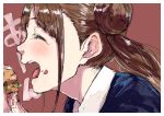  1girl brown_background brown_hair close-up closed_eyes commentary_request double_bun eating eshaku_(asifu-coffee) food food_on_face from_side hamburger highres idolmaster idolmaster_shiny_colors long_hair open_mouth school_uniform solo sonoda_chiyoko translation_request upper_body 