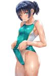  1girl aqua_swimsuit bangs bare_arms bare_shoulders blue_eyes blue_hair blush breasts collarbone commentary_request competition_swimsuit cowboy_shot eyebrows_visible_through_hair hair_tie highres lifted_by_self looking_at_viewer medium_breasts nagayori one-piece_swimsuit one-piece_tan original parted_lips ponytail raised_eyebrows short_hair short_ponytail simple_background solo standing swimsuit swimsuit_lift tan tanline two-tone_swimsuit water_drop wet wet_hair white_background white_swimsuit 