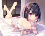  1girl bangs barefoot black_hair blush breasts curtains feet full_body head_rest indoors jacket kisaragi_yuri legs_up long_sleeves lying on_bed on_stomach original panties parted_lips red_eyes short_hair sleeves_past_wrists small_breasts solo striped_jacket underwear white_panties window 