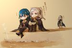  3girls armor blue_cape blue_eyes blue_hair byleth_(fire_emblem) byleth_(fire_emblem)_(female) cape corrin_(fire_emblem) corrin_(fire_emblem)_(female) fire_emblem fire_emblem:_three_houses fire_emblem_awakening fire_emblem_fates gloves hairband hood hood_down long_hair long_sleeves multiple_girls open_mouth pantyhose robaco robin_(fire_emblem) robin_(fire_emblem)_(female) sitting twintails white_hair 