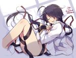  1girl ahoge bangs black_hair closed_eyes dated full_body hair_ornament hair_over_one_eye hairclip jacket jacket_on_shoulders kako_(kantai_collection) kantai_collection long_hair lying messy_hair nude odawara_hakone on_side parted_bangs ponytail ribbon sleeping solo twitter_username 