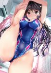  1girl absurdres armpits black_hair blue_eyes blue_swimsuit blush breasts cameltoe competition_swimsuit flexible highres kneepits large_breasts leg_lift leg_up long_hair looking_at_viewer ogata_tei one-piece_swimsuit original solo split standing standing_on_one_leg standing_split stretch swimsuit 