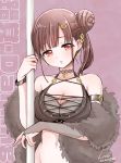  1girl arm_strap bracelet breasts bridal_gauntlets brown_hair choker cleavage commentary_request earrings flip_(diiolive) gloves hair_bun hair_ornament hairclip idolmaster idolmaster_shiny_colors jewelry large_breasts looking_at_viewer navel off_shoulder red_eyes side_bun single_glove solo sonoda_chiyoko stripper_pole translation_request upper_body 