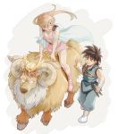  1boy 1girl b-saku bandaged_arm bandages black_hair blonde_hair cape circlet closed_eyes dai_(dragon_quest) dragon_quest dragon_quest_dai_no_daibouken gome highres horns long_hair madox_(dragon_quest) monster princess_leona riding smile 