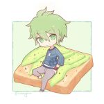  1boy amami_rantarou artist_name bangs bracelet chibi danganronpa_(series) danganronpa_v3:_killing_harmony eyebrows_visible_through_hair food foot_up green_eyes green_hair grey_pants hair_between_eyes jewelry long_sleeves looking_at_viewer male_focus necklace pants rhemy_(rhemydraw) shiny shiny_hair shirt short_hair sitting smile solo striped striped_shirt toast watermark white_background 