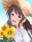  1girl blue_eyes blue_sky blush brown_hair earrings flower flower_earrings haru_(hiyori-kohal) hat highres jewelry leaf long_hair looking_at_viewer open_mouth original outdoors plant school_uniform shirt sky smile solo straw_hat sunflower thank_you uniform white_shirt 