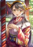  1girl black_hair brown_eyes fur_trim hair_ornament hairband hairclip haruna_(kantai_collection) headgear highres japanese_clothes jewelry kantai_collection long_hair looking_at_viewer new_year open_mouth revision ring rope sage_joh shinto smile solo wedding_band 