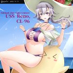  &gt;_&lt; 1girl absurdres areolae azur_lane bangs bikini blush_stickers breasts character_name choker collarbone commentary_request cross-laced_bikini_top dated earrings feet_out_of_frame hat hebitsukai-san highres jewelry large_areolae large_hat legs letterboxed light_purple_hair long_hair looking_at_viewer manjuu_(azur_lane) navel open_mouth purple_bikini purple_choker purple_eyes reno_(azur_lane) reno_(summer_spin-off)_(azur_lane) sagging_breasts smile solo sun_hat swimsuit thighs twitter_username waving 