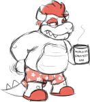  2017 anthro belly big_belly bowser boxers_(clothing) clothing cup english_text fangs goronic hair hand_on_hip holding_cup holding_object horn humor koopa male mario_bros monochrome musclegut nintendo overweight overweight_anthro overweight_male pun red_eyes red_hair scalie simple_background sketch slippers solo teeth text underwear video_games white_background 