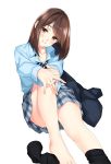  1girl black_legwear blazer_removed blue_shirt blush brown_eyes brown_hair feet_out_of_frame grey_skirt head_tilt highres nayuta69 original parted_lips school_uniform shirt short_hair simple_background sitting skirt smile solo white_background 