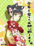  1girl animal_ears black_hair chinese_zodiac commentary_request dog_ears floral_print hair_bun japanese_clothes kimono long_sleeves looking_at_viewer nayuta69 new_year original solo year_of_the_dog 