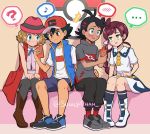  ... 2boys 2girls ? antenna_hair ash_ketchum baseball_cap black_hair black_shorts blonde_hair blue_bow blue_eyes blue_footwear blue_vest blush boots bow brown_eyes brown_footwear chloe_(pokemon) coat dark_skin dark_skinned_male gen_4_pokemon goh_(pokemon) green_eyes grey_footwear grey_shirt grin hand_on_another&#039;s_hip hat looking_at_another looking_at_phone multiple_boys multiple_girls musical_note no_pupils open_mouth phone pink_headwear pink_shirt poke_ball_symbol pokemon pokemon_(anime) pokemon_swsh_(anime) purple_hair purple_shorts red_coat rotom rotom_phone sara_bonetti school_uniform serena_(pokemon) shirt shoes shorts sitting smile sneakers speech_bubble thighhighs twitter_username vest yaoi 