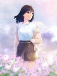  1girl beige_jacket black_hair brown_eyes brown_skirt flower highres jacket looking_away looking_to_the_side medium_hair nayuta69 open_clothes open_jacket original parted_lips shirt shirt_tucked_in skirt solo white_shirt 