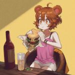  1girl :t ahoge alcohol animal_ears artist_name bangs bare_arms bare_shoulders bear_ears blush bracelet brown_eyes brown_hair cheese commentary_request commission copyright_request eating food glass grey_skirt hamburger highres holding holding_food jewelry jun_(seojh1029) miniskirt pink_tank_top short_hair sitting skeb_commission skirt solo sparkling_eyes tail tank_top 
