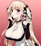  1girl azur_lane between_breasts blush breasts cleavage colorized cupcake detached_sleeves dress earrings finger_licking food formidable_(azur_lane) gradient gradient_background hair_ribbon hori_(hori_no_su) jewelry large_breasts licking long_hair looking_at_viewer maid_dress ribbon satansoft1 self_upload solo twintails 