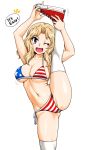  1girl american_flag_bikini ass_visible_through_thighs bikini blonde_hair blue_eyes blush bouncing_breasts breasts cleavage collarbone covered_nipples eyebrows_visible_through_hair flag_print girls_und_panzer groin kay_(girls_und_panzer) leg_up long_hair looking_at_viewer navel one_eye_closed oosaka_kanagawa open_mouth shiny shiny_hair side-tie_bikini simple_background solo speech_bubble swimsuit swimwear thighhighs white_background white_legwear 